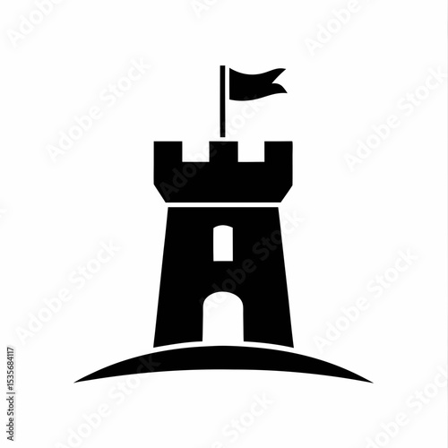 Minimal Fortress Rook Castle Tower Silhouette Vector Icon.