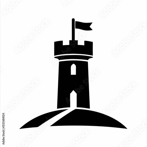 Minimal Fortress Rook Castle Tower Silhouette Vector Icon.