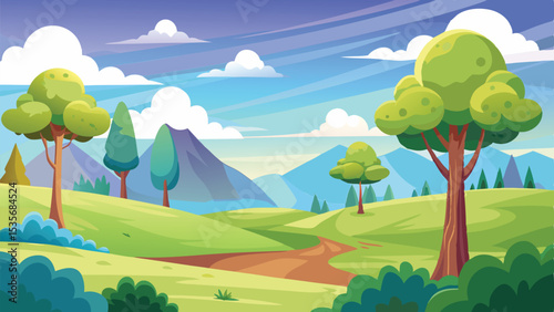 Serene Cartoon Landscape Rolling Hills, Verdant Trees, Cloudy Sky, and Mountain Backdrop