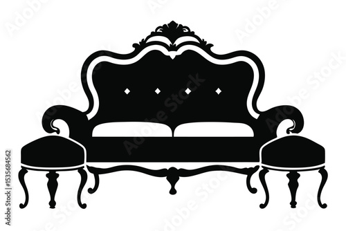 Elegant black silhouette of a classic victorian style sofa and two stools.