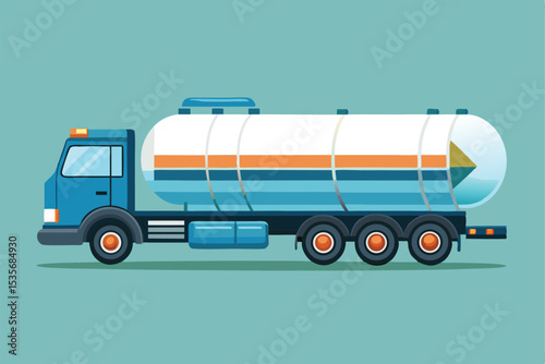 Flat illustration of a blue fuel tanker truck transporting liquid on teal background