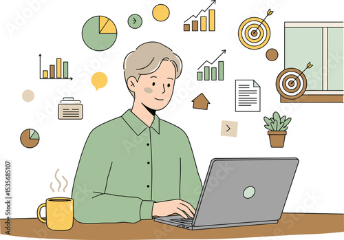 Businessman working on laptop, analyzing graphs, charts, data, planning strategy, productivity, office workspace, focused work, financial analysis, work desk, professional goals, business growth