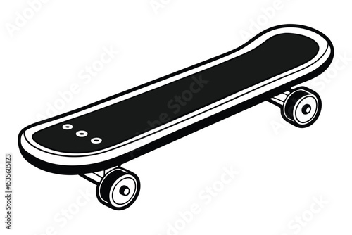 Isometric illustration of a simple black and white skateboard on a clean white background