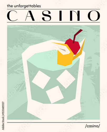 Casino cocktail. Vector illustration of classic alcoholic drink garnished with lemon and cherry. Poster with cocktail in old fashioned glass. Contemporary poster for bar, restaurants and menu.