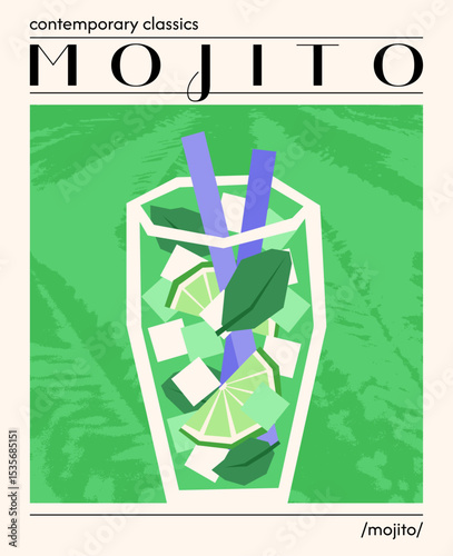 Fresh mojito cocktail. Vector illustration of summer alcoholic long drink garnished with lime and mint. Poster with tropical refreshing drink. Contemporary poster for bar, restaurants and menu.