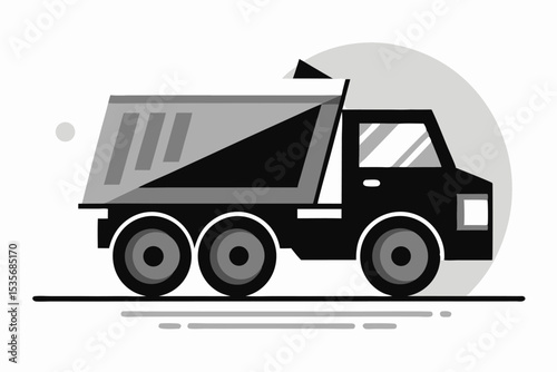 Minimalist illustration of a dump truck in black and gray colors on a white background