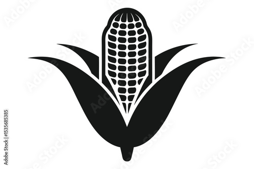 Monochrome illustration of sweet corn with leaves depicting a healthy agricultural crop