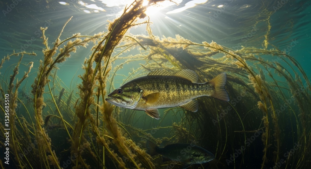 Fototapeta premium Underwater scene shows two fish swimming near reeds, highlighted by sun rays piercing the water.