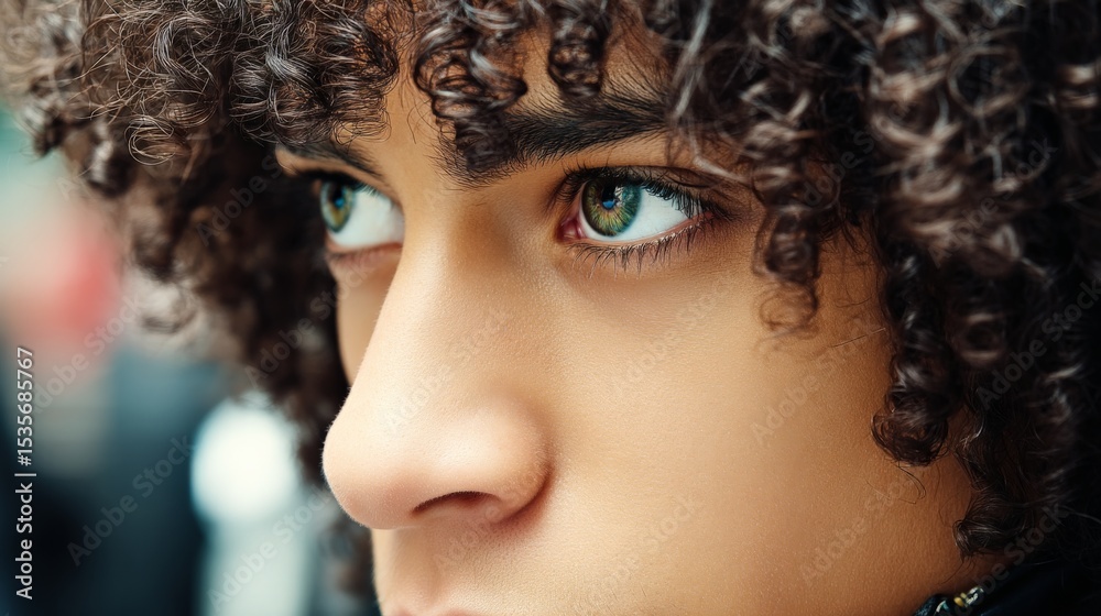 Fototapeta premium Close-up of a woman's face highlighting her expressive eyes and curly hair