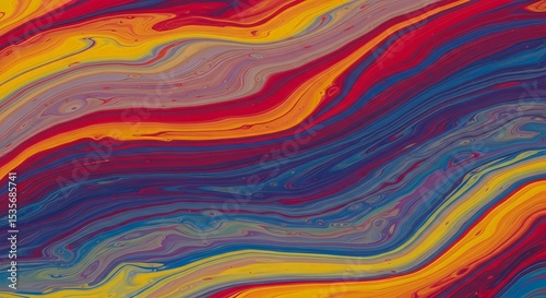 Vibrant abstract design featuring flowing ribbons of red, yellow, and blue fluid acrylic paint