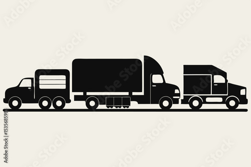 Silhouette illustration of several different types of transportation trucks on a beige background