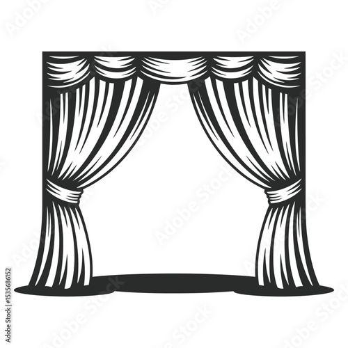 Monochrome stage curtain sketch with dramatic open effect,Black and White Theatrical Drapes Drawing
