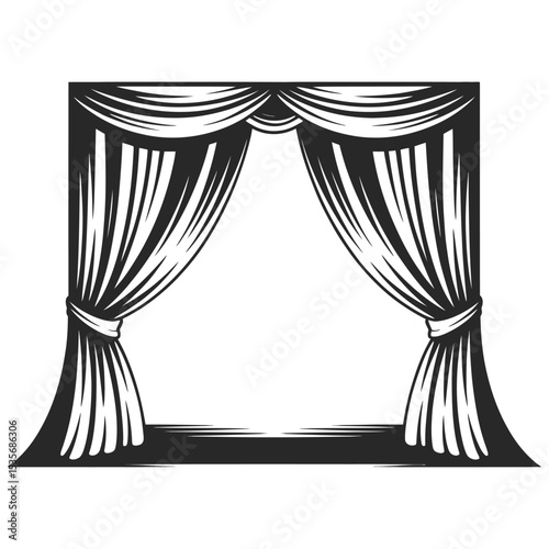 Monochrome stage curtain sketch with dramatic open effect,Black and White Theatrical Drapes Drawing

