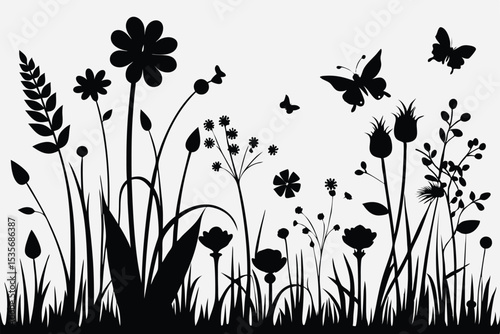Silhouette of a meadow with flowers butterflies and grass against a neutral background