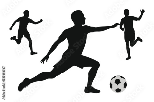 Silhouette soccer players in action with football dynamic poses and white background