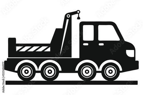 Simple black and white illustration of a construction tow truck with a hook icon graphic