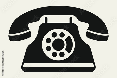 Simple black and white illustration of a classic rotary dial telephone on a beige background