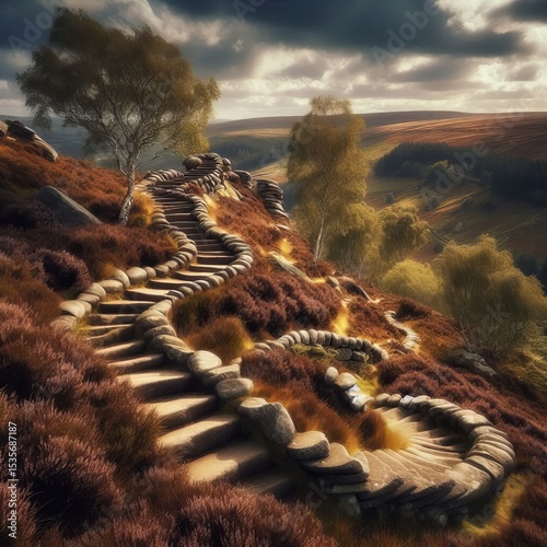 A staircase of serpentine rock twisting around a hillside of anc