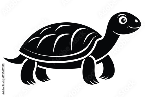 Simple black and white silhouette illustration of a cute cartoon tortoise for design and education