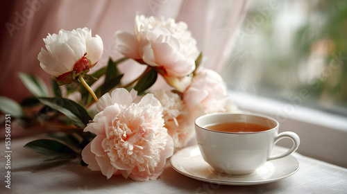 Steaming teacup beside pink peonies near window