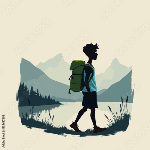 Backpacker by the Lake - Adventure Travel and Nature Exploration Illustration