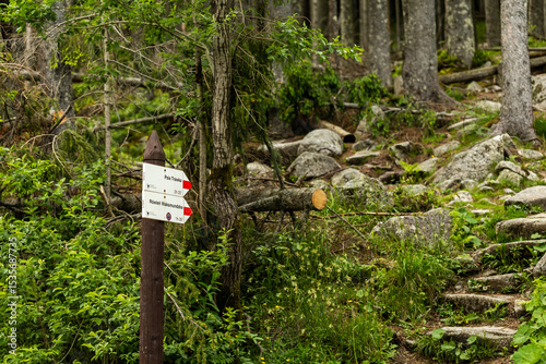 Fotografie Red trail markers on the hiking path to Morskie Oko lake in Tatra Mountains near