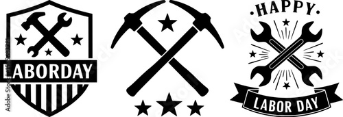 Labor day shield and emblem collection with industrial tools and stars celebrating workforce pride