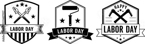 Diverse collection of labor day themed badges with tools and striped shield accents