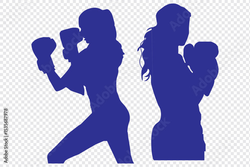 collection of silhouettes of female boxer with different pose, gesture. isolated on white background. vector illustration.