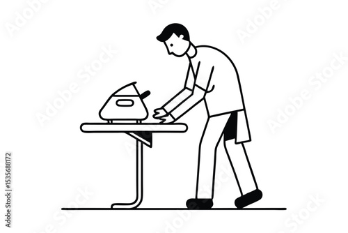 Simple illustration of a man ironing clothes using an iron on a ironing board in the laundry room