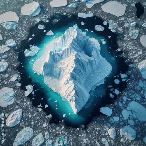 A top down view of an iceberg floating in the frigid blue waters