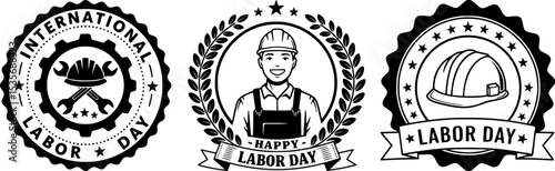 International labor day and happy labor day typography worker emblems with hard hat tools and laurel wreath celebrating industrial professions