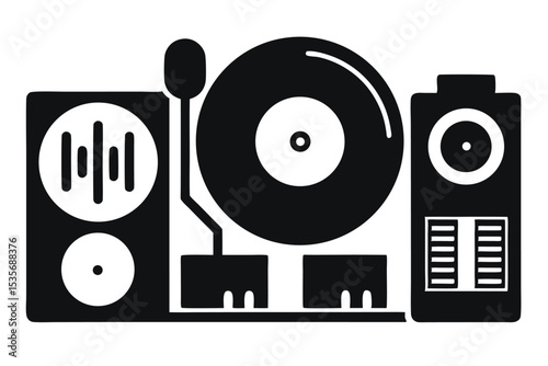 Simplified monochrome vector illustration of a vintage turntable with speakers and sound elements