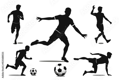Soccer player silhouette collection in various action poses and soccer ball illustrations