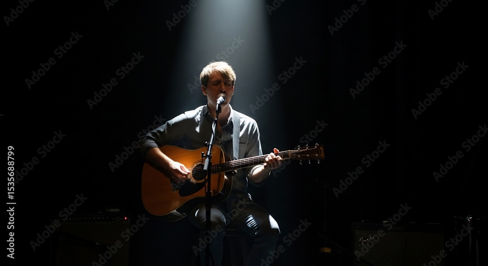Fototapeta premium Focused Spotlight on a Musician Playing Acoustic Guitar