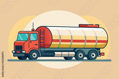 Stylized illustration of a red tanker truck on a light brown background transporting fuel