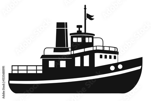 Stylized black and white illustration of a tugboat with a flag on a white background