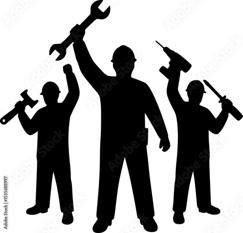 Silhouettes of skilled workers proudly stand together with their tool embodying the spirit of labor day