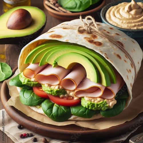 Turkey Avocado Wrap Burger Sliced turkey avocado spinach and hum