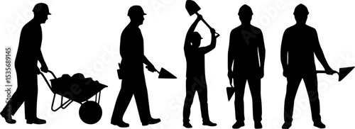 Dynamic silhouettes of construction workers performing various tasks representing industrial labor and progress
