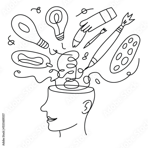 a black and white line art illustration depicting the creative process with drawing tools and doodles emerging from a head