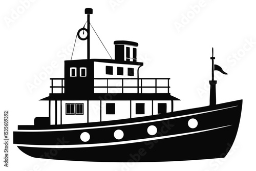 Vector illustration of a black and white fishing boat ready for ocean exploration