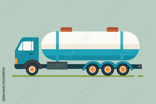 Vector illustration of a blue fuel tanker truck with flat design on green background