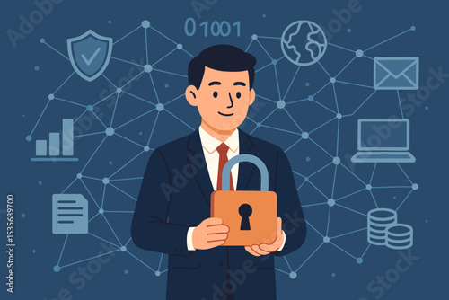 Businessman holding a padlock for cybersecurity and data protection. Concept of digital security, information safety, network privacy, and internet technology. Flat vector illustration.