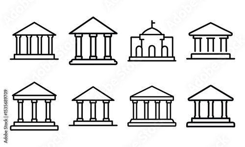 Set of Minimalist Bank Building Icons in Silhouette Style – Classic Pillar Architecture with Triangular Roof Representing Financial Institutions, Government, or Law on White Background