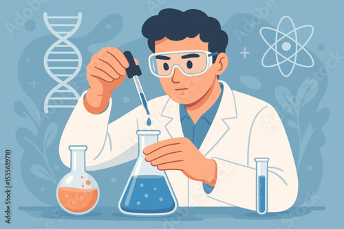 Scientist in lab coat conducting a chemical experiment. Researcher working with pipette and flask in a laboratory. Concept for scientific research, biotechnology, and medical discovery.