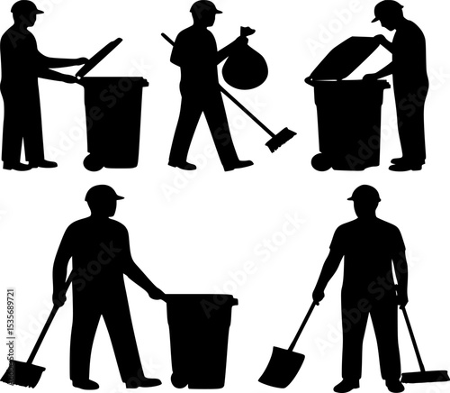 Silhouettes of sanitation workers and janitors with cleaning tools and garbage bins for labor day