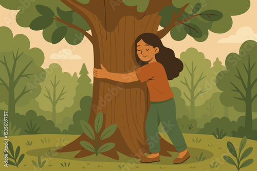 Woman hugging a big tree in the forest. Concept of nature loving, environmental care, conservation, and connection with the earth. Peaceful illustration for ecology and sustainability.