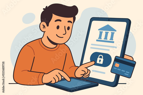 Mobile banking and online finance concept. Cartoon man using a tablet and credit card for secure digital payment. Fintech application with lock icon for a safe transaction.