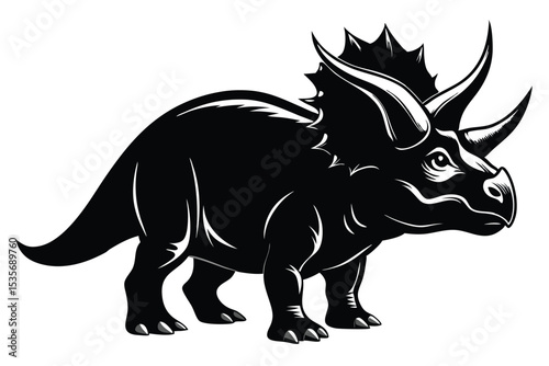 Vector illustration of a majestic triceratops dinosaur in a black and white silhouette
